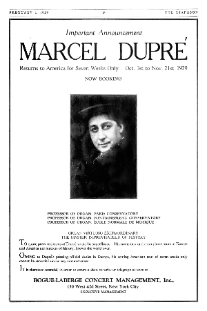 1929 advertisement in The Diapason for Marcel Dupré's tour of the US