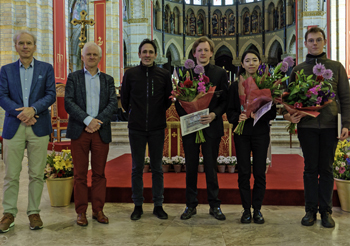 Jury and prizewinners of the 2026 International César Franck Competition: Marcel Verheggen, Ignace Michiels, Vincent Dubois, Aaron Triebler, Haru Shionoya, and Jakub Moneta