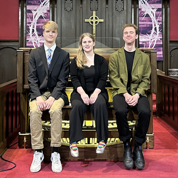 2025 National Undergraduate Organ Competition prizewinners at First Presbyterian Church, Ottumwa, Iowa: Gavin Klein, Katherine Joliff, and Latimer Rogland