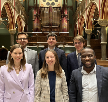 Arthur Poister Competition judges and competitors: back row, Colin MacKnight, Martin Jones, Alex Little; front row, Caroline Robinson, Celina Kobetitsch, Nathaniel Gumbs