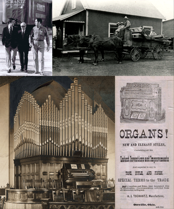 Family: Bruce, John, and Paul (third generation), c. 1970; Horse-drawn wagon of pipes, c. 1916; Saint Paul Reformed Church, Butler, Pennsylvania, 1903; Ohio Beauty Reed organ advertisement, c. 1878