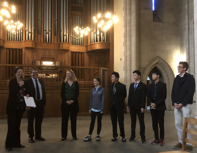Chelsea Chen, Benjamin Straley, Renée Anne Louprette, Emily Amos, Bruce Xu, Reilly Xu, Eddie Zheng, and Justin Brueggeman (photo credit: Vaughn Mauren)