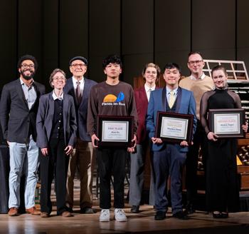Competition jury members and winners: Alcee Chriss, Isabelle Demers, Thomas Murray, Bruce Xu, Michelle Horseley (dean, Greater Hartford Chapter American Guild of Organists), Theodore Cheng, Christopher Houlihan, and Aletheia Teague
