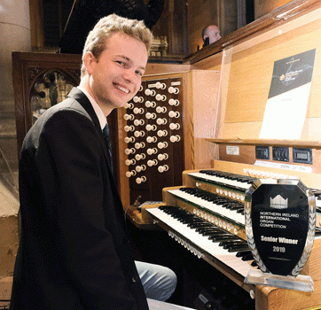Ivan-Bogdan Reinecke, winner of the Northern Ireland International Organ Competition 2019, at the console of the organ in St. Patrick’s Church of Ireland Cathedral, Armagh (photo credit: Liam McArdle)