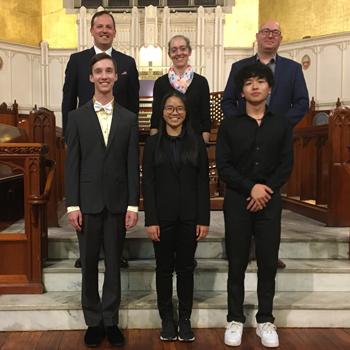 Bottom row: 2022 Arthur Poister Scholarship Competition in Organ Playing final round contestants, Nicholas Stigall, Anne Maria Lim, Bruce Xu. Top row, judges, David Enlow, Erica Johnson, Michael Unger