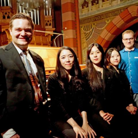 Finalists for the Tenth International Organ Competition Dudelange: Tyler Boehmer, Haru Shionoya, Songyeon Im, Chae Won Min and Filip Šmerda (photo credit: Vera Bintener)