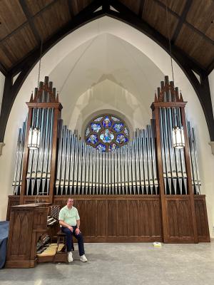 Organ instructor Dr. Jeffery Alban at Kegg organ console Kegg organ, Christendom College