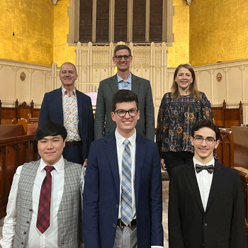 Top row: Alan Morrison, Timothy Olsen, Amanda Mole, judges; bottom row: Theodore Cheng, Marshall Joos, Daniel Colaner Top row: Alan Morrison, Timothy Olsen, Amanda Mole, judges; bottom row: Theodore Cheng, Marshall Joos, Daniel Colaner